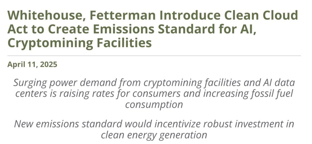 डेमोक्रेटिक पार्टी ने "क्लीन क्लाउड एक्ट" का प्रस्ताव रखा हरित ऊर्जा को अपनाने के लिए अमेरिकी बिटकॉइन खनन कंपनियों और एआई कंप्यूटिंग केंद्रों की आवश्यकता है: 2035 तक शून्य कार्बन उत्सर्जन प्राप्त करें"><figcaption id="caption-attachment-412772" class="bqevgh">स्रोत: www.epw.senate.gov</figcaption></figure><h3>बिल का मुख्य तंत्र: क्षेत्रीय उत्सर्जन सीमा और वार्षिक कटौती</h3><p>के अनुसार मसौदे की सामग्री, बिल वर्तमान "स्वच्छ वायु अधिनियम" (स्वच्छ वायु अधिनियम) में संशोधन करेगा। आगे बढ़ते हुए, क्रिप्टोक्यूरेंसी खनन फार्म और एआई कंप्यूटिंग केंद्रों सहित 100 किलोवाट (किलोवाट) से अधिक ऊर्जा क्षमता वाले सभी डेटा केंद्रों को क्षेत्र-विशिष्ट उत्सर्जन सीमाओं का पालन करना होगा। </p><p>इन सीमाओं के मानक अमेरिकी ऊर्जा विभाग द्वारा प्रकाशित नेशनल ट्रांसमिशन रिक्वायरमेंट्स स्टडी में परिभाषित विभिन्न बिजली क्षेत्रों की विशेषताओं पर आधारित होंगे। इसका मतलब यह है कि प्रत्येक क्षेत्र में ऊर्जा संरचनाओं और पावर ग्रिड में अंतर को ध्यान में रखते हुए, विभिन्न क्षेत्रों में सुविधाओं को अलग-अलग उत्सर्जन कटौती दबाव का सामना करना पड़ेगा। </p><p>बिल में कहा गया है कि <strong>प्रत्येक क्षेत्र के लिए विशिष्ट उत्सर्जन सीमा 2025 के अंत से पहले निर्धारित की जाएगी। इसके बाद, 2035 में शून्य उत्सर्जन तक पहुंचने तक सीमा को हर साल 11% कम किया जाएगा। </strong>उत्सर्जन सीमा को पूरा करने में विफल रहने वाली कंपनियों के लिए, उनके अतिरिक्त उत्सर्जन के आधार पर मुद्रास्फीति-समायोजित जुर्माना लगाया जाएगा। </p><p>यह ध्यान देने योग्य है कि मसौदा स्पष्ट रूप से संबंधित कंपनियों को अपने ग्राहकों पर इन जुर्माना लागतों को डालने से रोकता है, यह सुनिश्चित करते हुए कि कंपनियां स्वयं पर्यावरणीय जिम्मेदारियां लेती हैं। </p><h3>सख्त रिपोर्टिंग दायित्व और जिम्मेदारियां</h3><p>विस्तृत वार्षिक रिपोर्ट प्रस्तुत करने के लिए प्रासंगिक सुविधाओं की आवश्यकता के अलावा, रिपोर्ट में उनकी कुल बिजली खपत और बिजली स्रोतों (नवीकरणीय ऊर्जा और जीवाश्म ईंधन का अनुपात) जैसे प्रमुख डेटा शामिल होना चाहिए। </p><p>एक उल्लेखनीय विवरण यह है कि बिल जुर्माना भरने की जिम्मेदारी सुविधा मालिक के बजाय "पट्टे पर दी गई सुविधा के पट्टेदार" पर डालता है। इसका मतलब यह है कि खनन या एआई कंप्यूटिंग के लिए सर्वर स्थान किराए पर लेने वाले व्यक्तियों या कंपनियों को भी बिल के दायरे का विस्तार करते हुए रिपोर्टिंग आवश्यकताओं और संभावित जुर्माने में शामिल किया जा सकता है। </p><p>अच्छे पक्ष को देखते हुए, यदि बिल पारित हो जाता है, तो यह क्लाउड सेवा प्रदाताओं और डेटा सेंटर ऑपरेटरों को पर्यावरण नियमों के प्रति संवेदनशील ग्राहकों को आकर्षित करने के लिए अधिक सक्रिय रूप से हरित ऊर्जा समाधान खोजने के लिए प्रेरित करेगा। लेकिन यह छोटे खिलाड़ियों के लिए एक बड़ी चुनौती पैदा कर सकता है, जिनके पास ऊर्जा परिवर्तन करने या जटिल नियामक अनुपालन आवश्यकताओं से निपटने के लिए बड़ी कंपनियों के संसाधनों की कमी हो सकती है। </p><h3>एन्क्रिप्शन खनन उद्योग ने बड़ी मात्रा में नवीकरणीय ऊर्जा को अपनाया है</h3><p>पिछले साल के अंत के आंकड़ों के अनुसार, वैश्विक बिटकॉइन खनन नेटवर्क द्वारा उपयोग की जाने वाली 50% से अधिक ऊर्जा वास्तव में पानी, हवा और सौर ऊर्जा जैसे नवीकरणीय ऊर्जा स्रोतों से आती है। आइसलैंड और क्यूबेक, कनाडा जैसे प्रचुर और सस्ती हरित ऊर्जा वाले क्षेत्र खनिकों के लिए लोकप्रिय विकल्प बन गए हैं। </p><p>यदि भविष्य में "क्लीन क्लाउड एक्ट" वास्तव में पारित हो जाता है, तो खनन कंपनियां और एआई कंप्यूटिंग केंद्र निस्संदेह नवीकरणीय ऊर्जा को अपनाने की गति में तेजी लाएंगे, और उन कंपनियों को खत्म कर सकते हैं जो अनुकूलन करने में असमर्थ या अनिच्छुक हैं। </p><p>कुल मिलाकर, मसौदा काफी आक्रामक उत्सर्जन कटौती कार्यक्रम है, जो संबंधित कंपनियों को जल्द से जल्द ऊर्जा परिवर्तन रणनीतियों की योजना बनाने के लिए मजबूर करता है। हालाँकि, ट्रम्प प्रशासन के संदर्भ में, उन्होंने बार-बार कहा है कि ग्लोबल वार्मिंग का कार्बन उत्सर्जन से कोई लेना-देना नहीं है। इस बिल को कांग्रेस में रिपब्लिकन के विरोध का सामना करना पड़ेगा (रिपब्लिकन तर्क दे सकते हैं कि अत्यधिक कड़े पर्यावरण नियम नवाचार को रोक देंगे और क्रिप्टोकरेंसी और एआई के दो अग्रणी क्षेत्रों में संयुक्त राज्य अमेरिका की प्रतिस्पर्धात्मकता को कमजोर कर देंगे)। यह भविष्य में पारित होगा या नहीं यह अभी भी अनिश्चित है। </p>